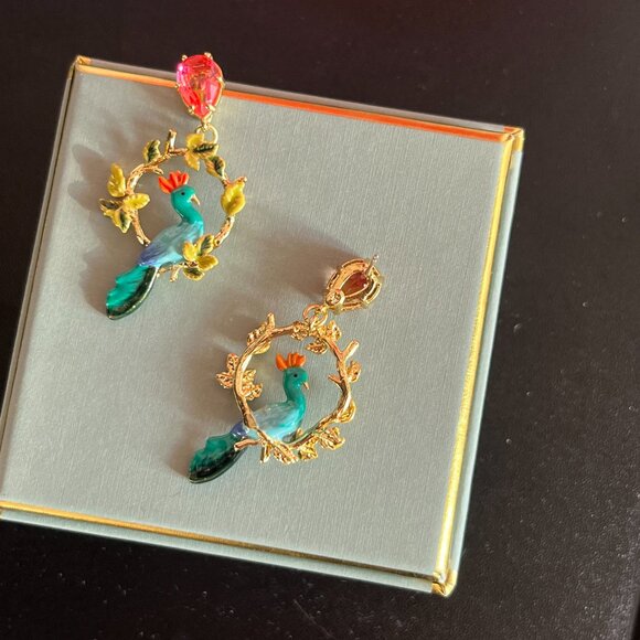 Peacock and Faceted Glass Pear Post Earrings - Picture 4 of 6